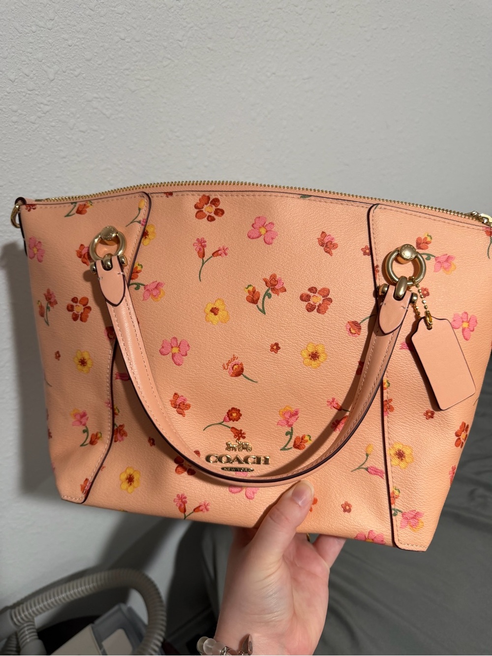 COACH Peach Floral Leather Tote with Gold Hardware